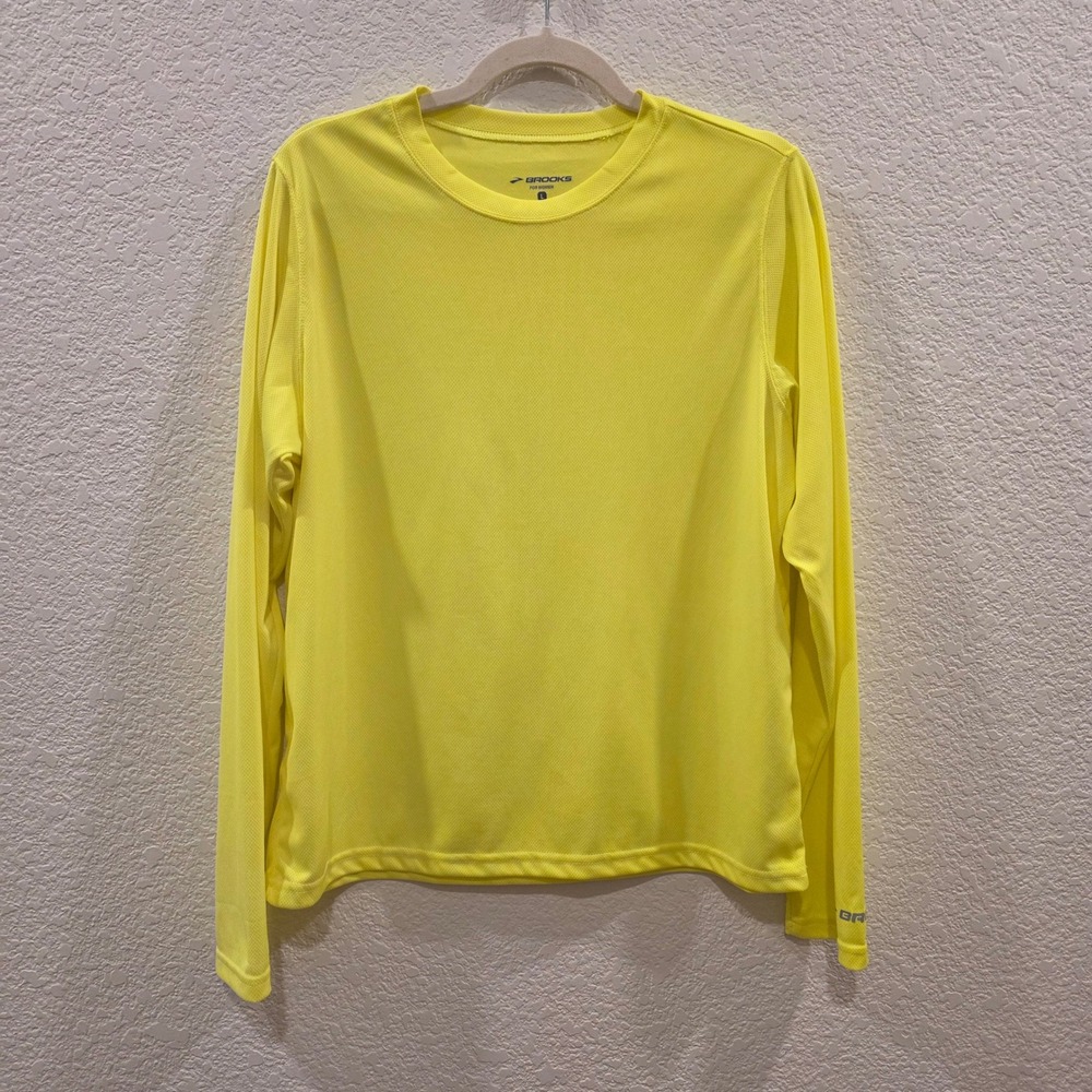 Brooks Women Neon Yellow Long Sleeve Running Shirt Size L Equilibrium Tech Gym